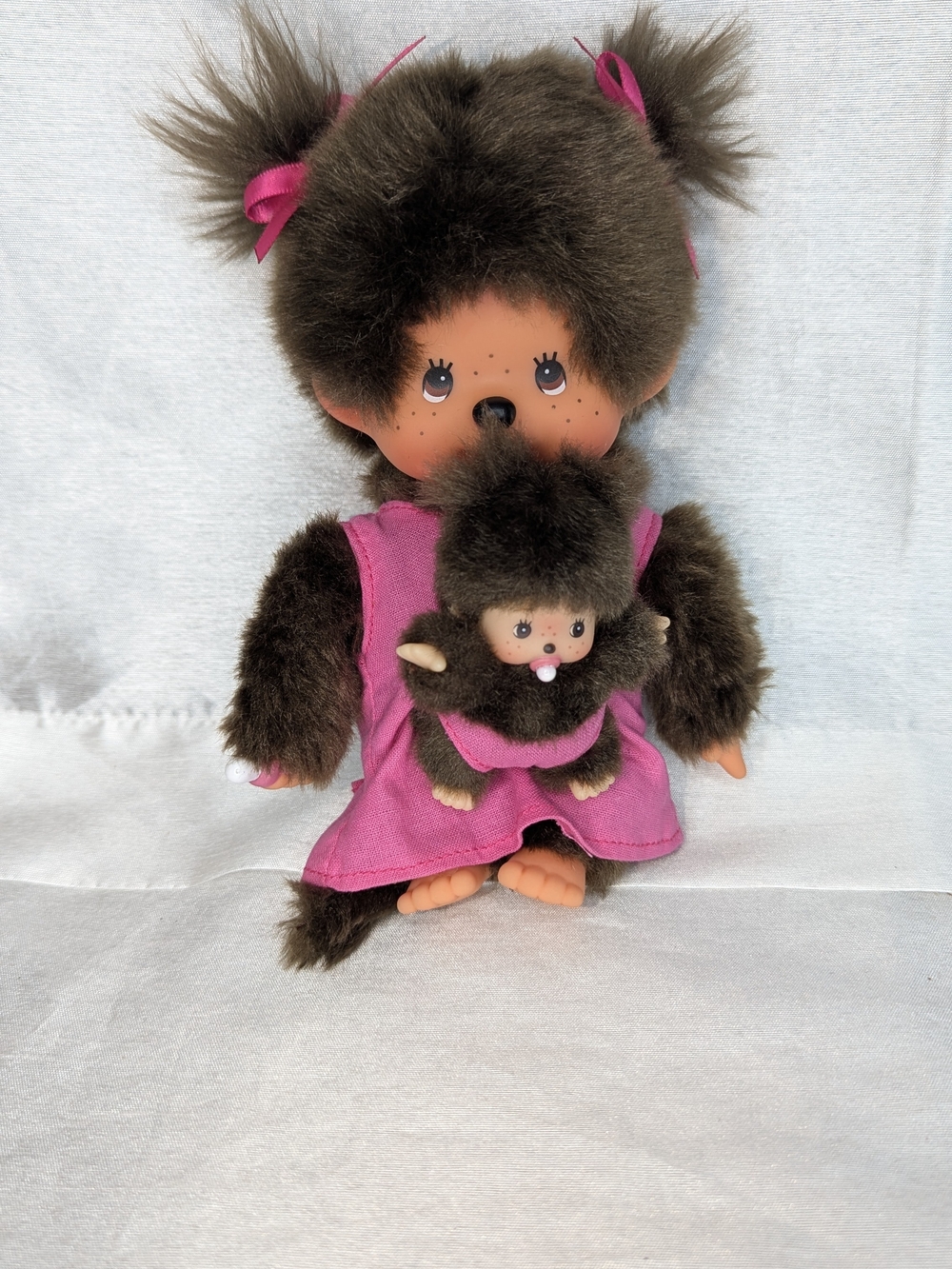Monchhichi Doll with Baby in Pouch Pink Dress